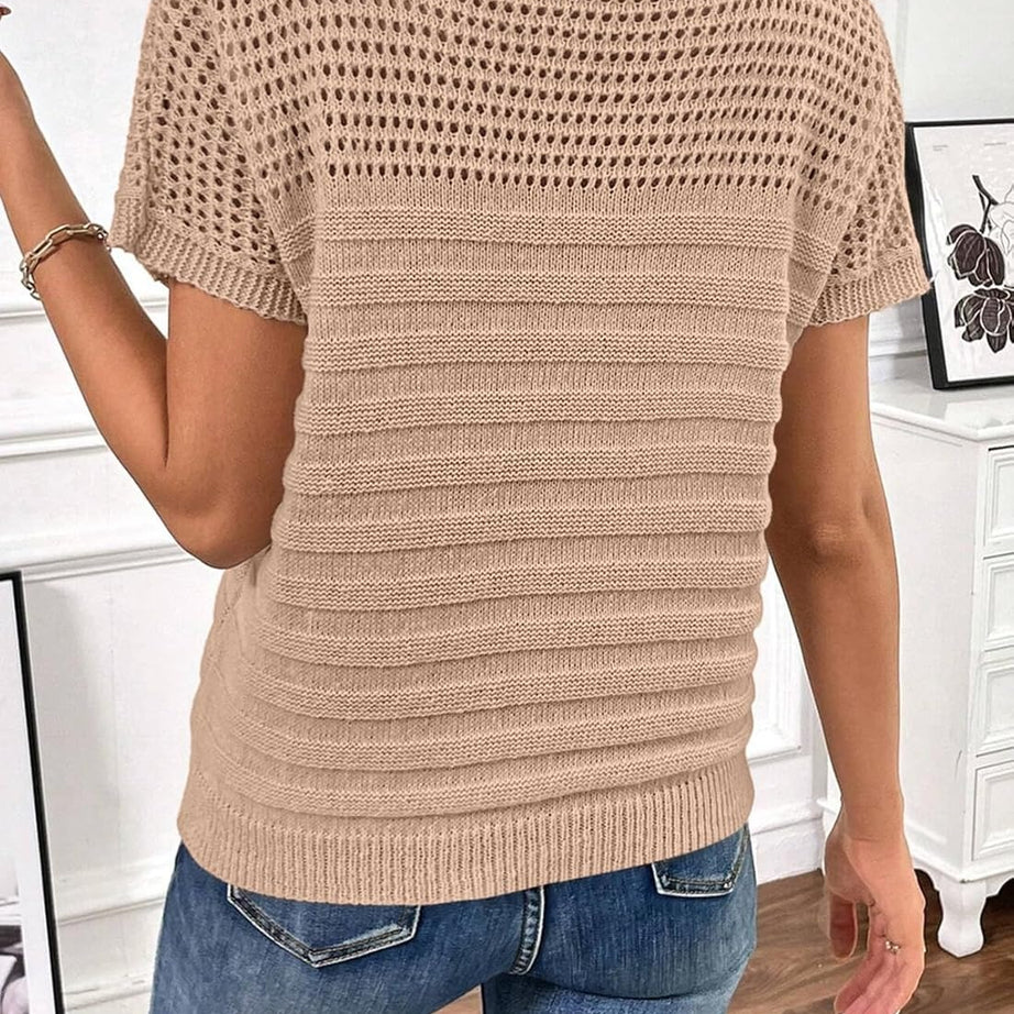 Womens Summer Knit Hollow Out Crew Neck Short Sleeve Shirts