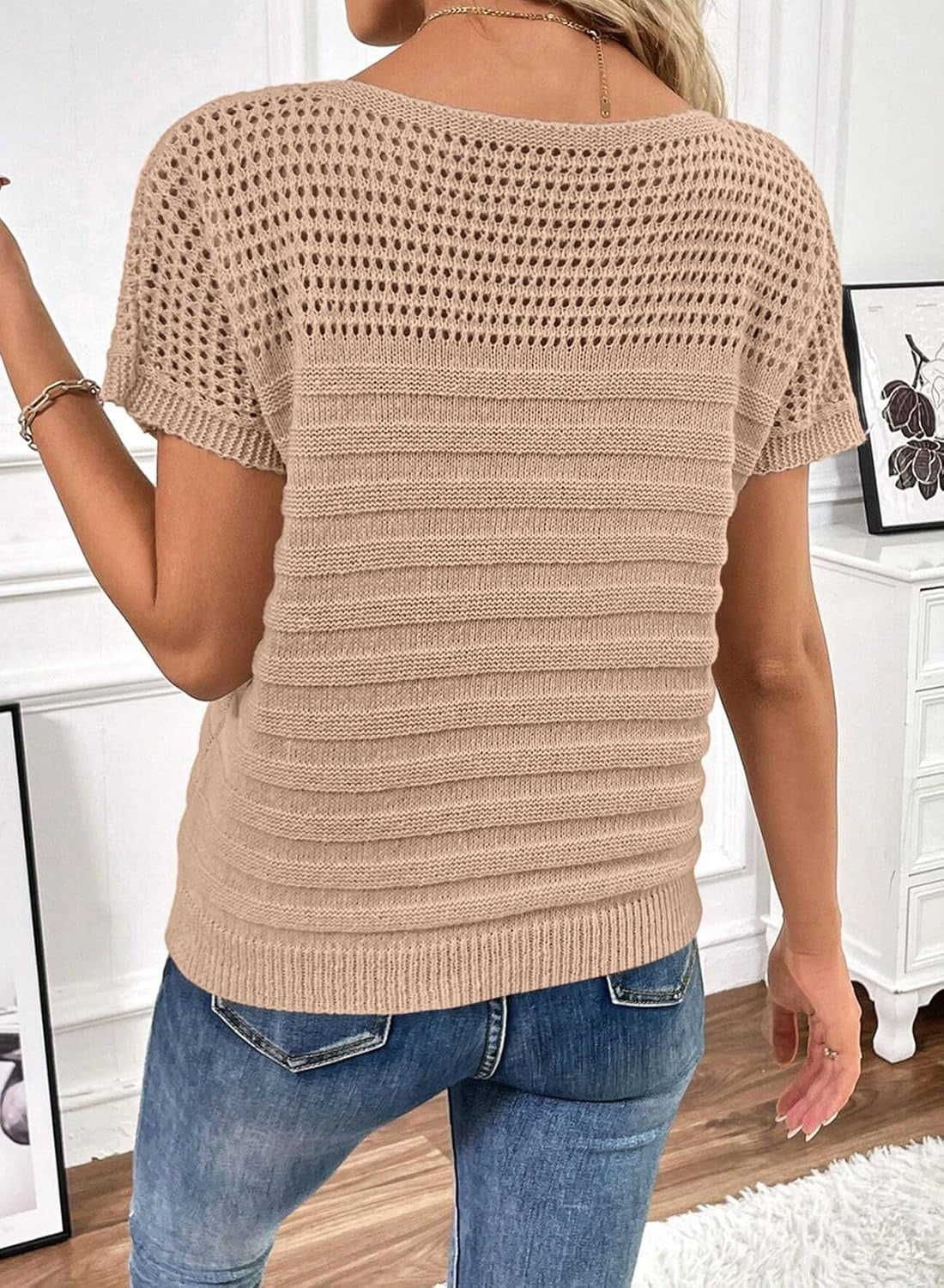Womens Summer Knit Hollow Out Crew Neck Short Sleeve Shirts