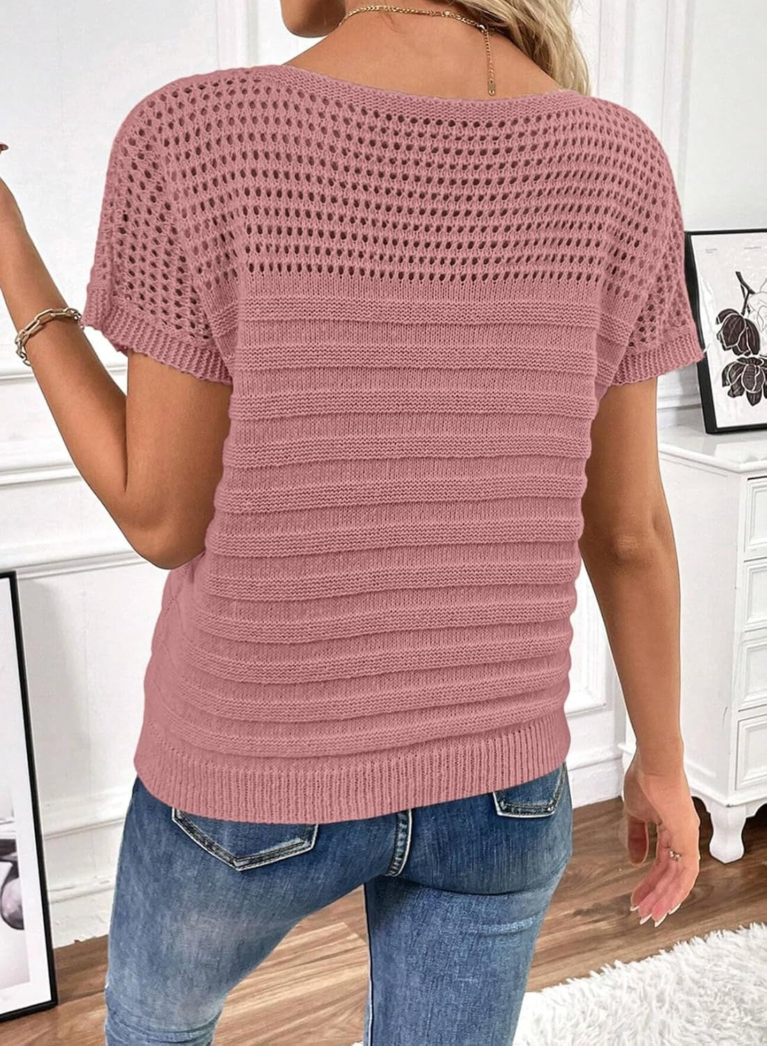 Womens Summer Knit Hollow Out Crew Neck Short Sleeve Shirts