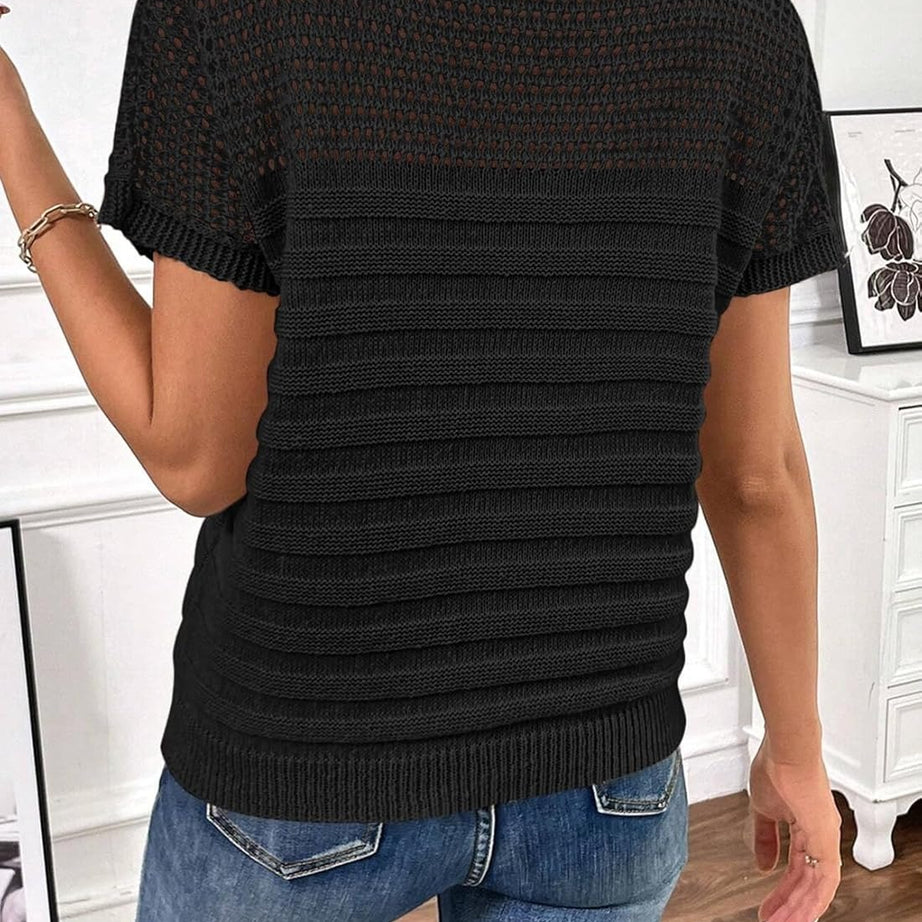 Womens Summer Knit Hollow Out Crew Neck Short Sleeve Shirts