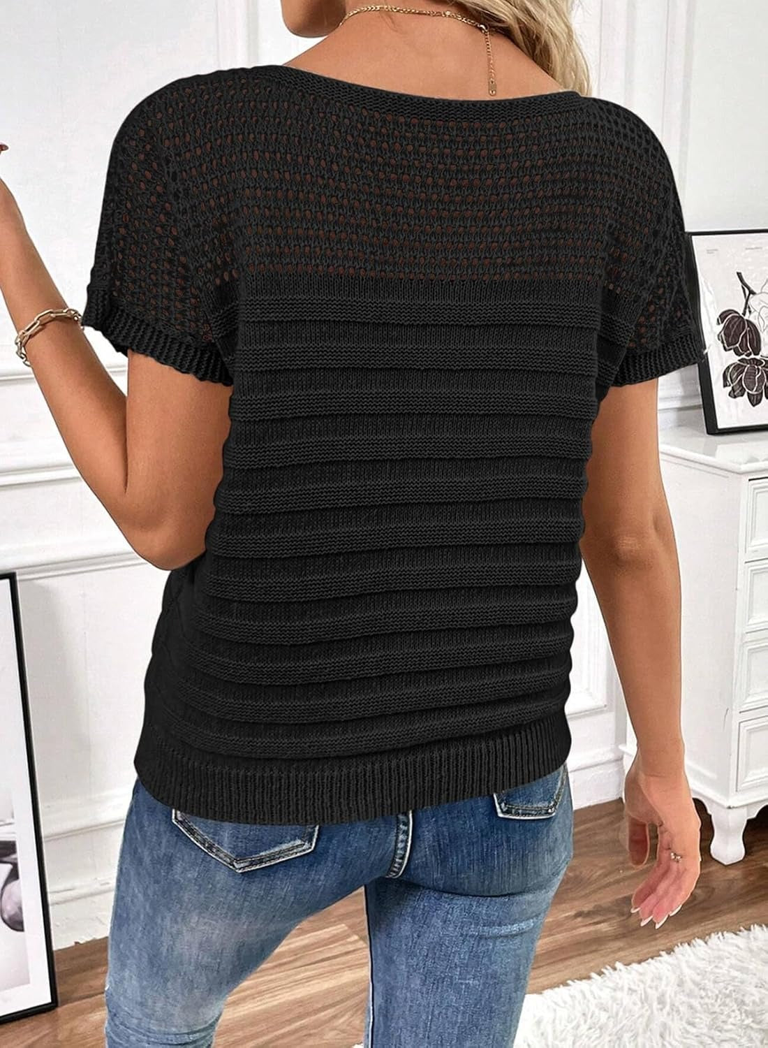Womens Summer Knit Hollow Out Crew Neck Short Sleeve Shirts