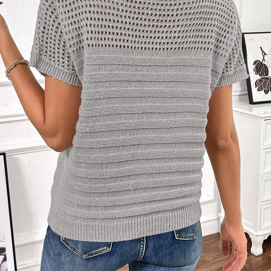 Womens Summer Knit Hollow Out Crew Neck Short Sleeve Shirts