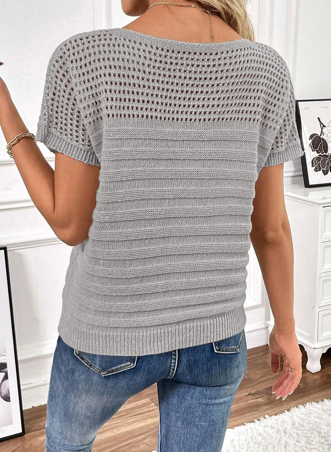 Womens Summer Knit Hollow Out Crew Neck Short Sleeve Shirts