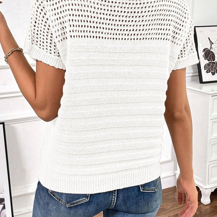 Womens Summer Knit Hollow Out Crew Neck Short Sleeve Shirts