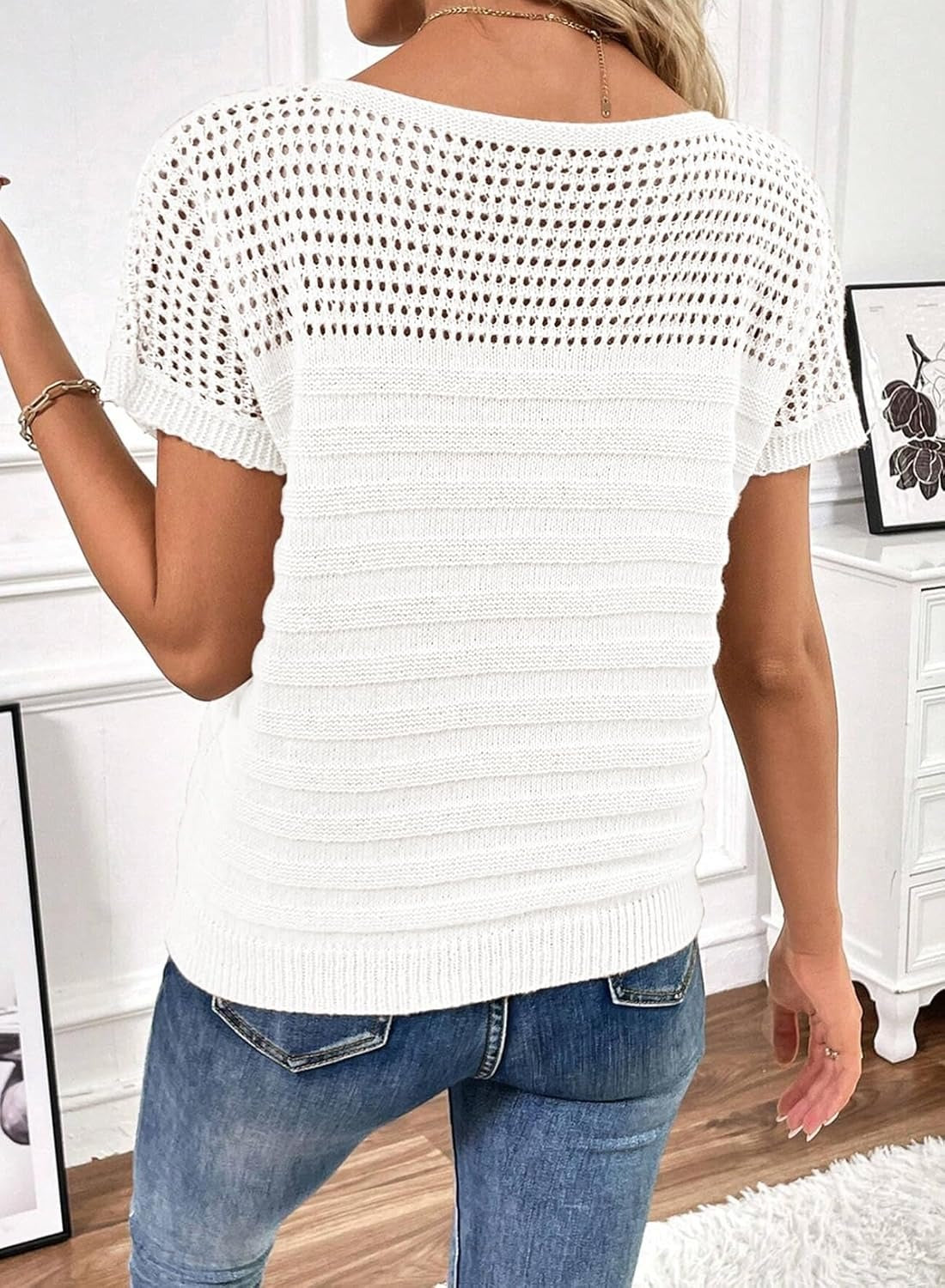 Womens Summer Knit Hollow Out Crew Neck Short Sleeve Shirts