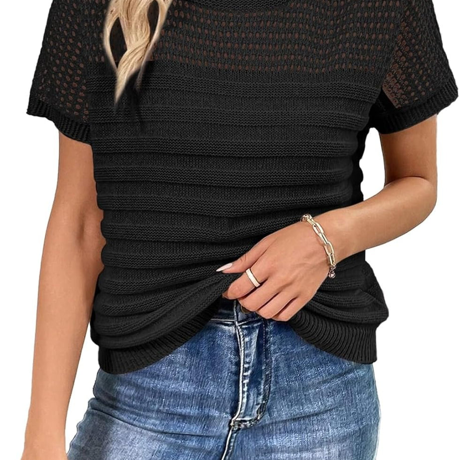 Womens Summer Knit Hollow Out Crew Neck Short Sleeve Shirts