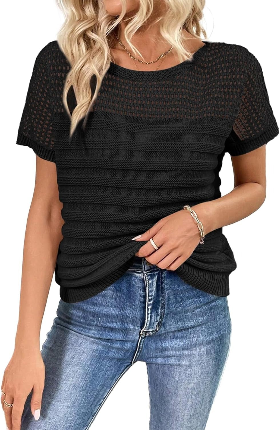 Womens Summer Knit Hollow Out Crew Neck Short Sleeve Shirts