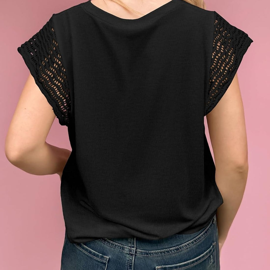Womens Summer Crewneck Short Sleeve Casual Patchwork Hollow Out Loose T Shirts
