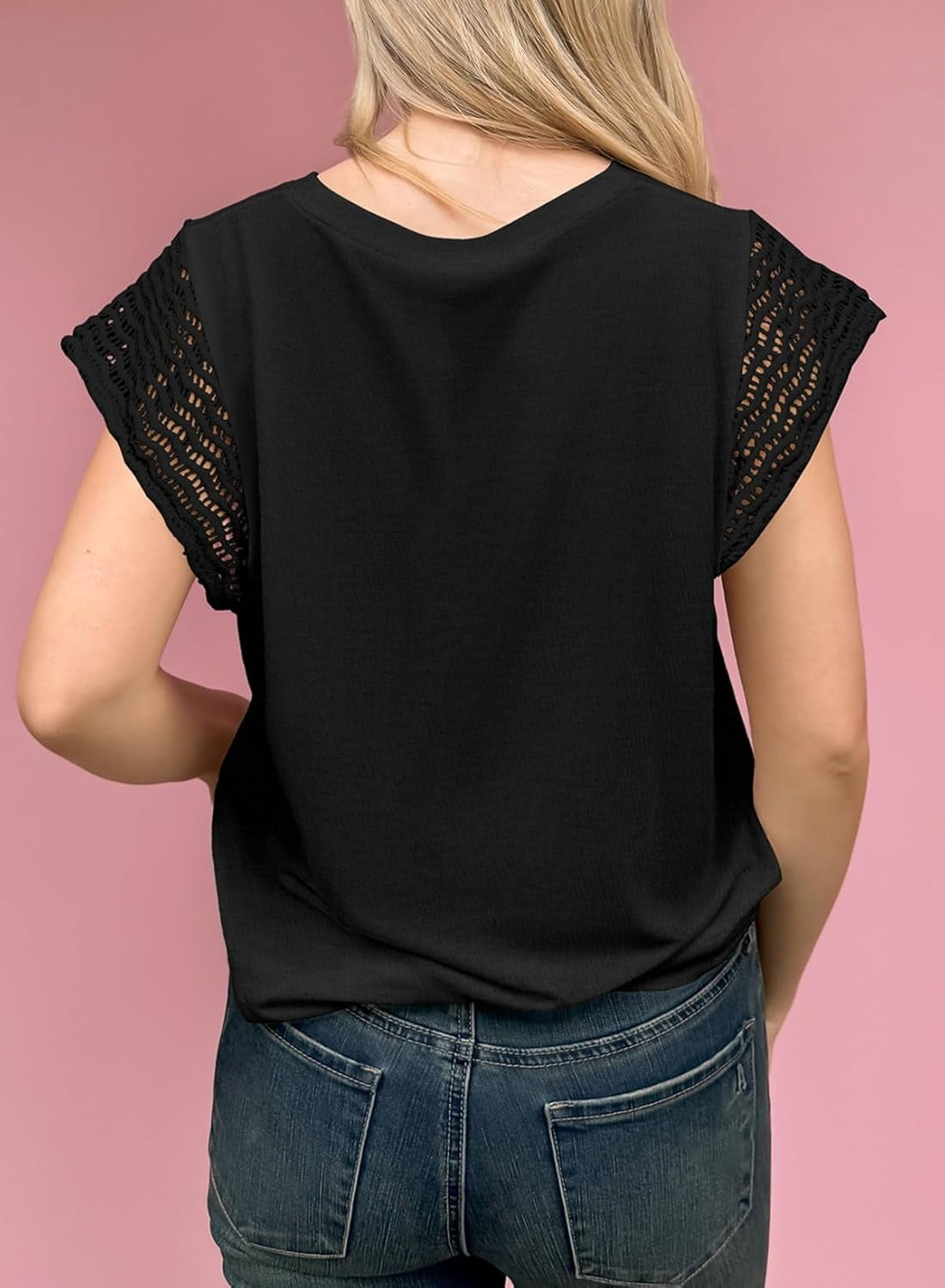 Womens Summer Crewneck Short Sleeve Casual Patchwork Hollow Out Loose T Shirts