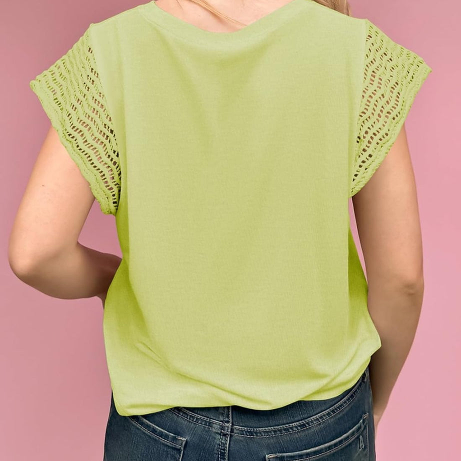 Womens Summer Crewneck Short Sleeve Casual Patchwork Hollow Out Loose T Shirts