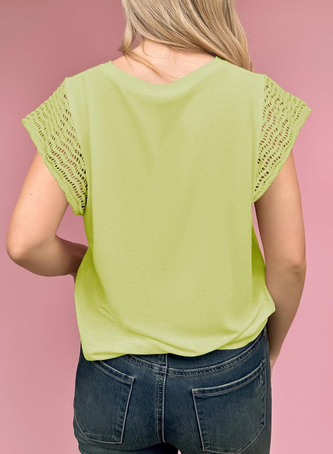 Womens Summer Crewneck Short Sleeve Casual Patchwork Hollow Out Loose T Shirts
