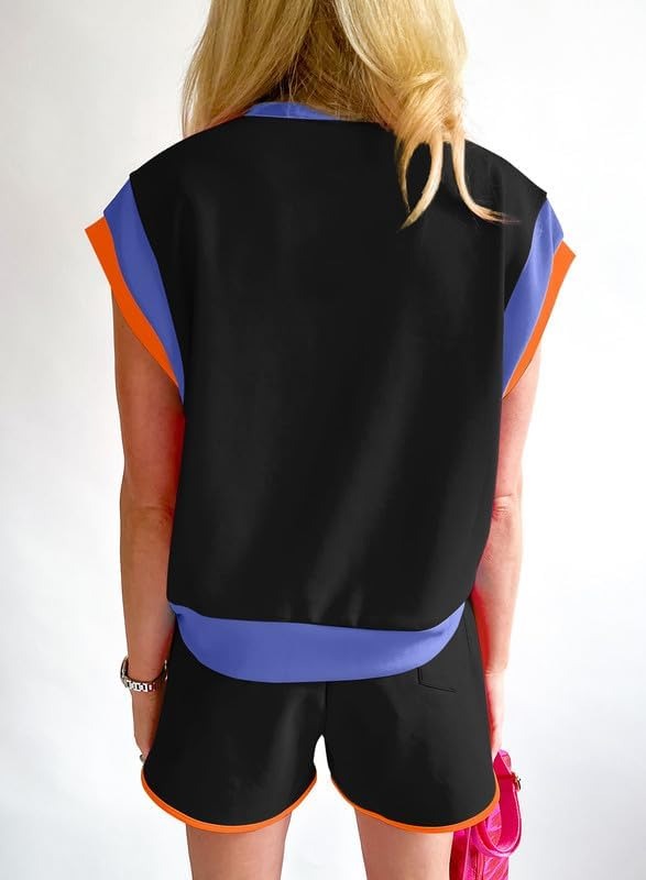 Women Color Block Workout Tracksuit 2 Piece Short Sets