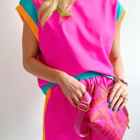 Women Color Block Workout Tracksuit 2 Piece Short Sets