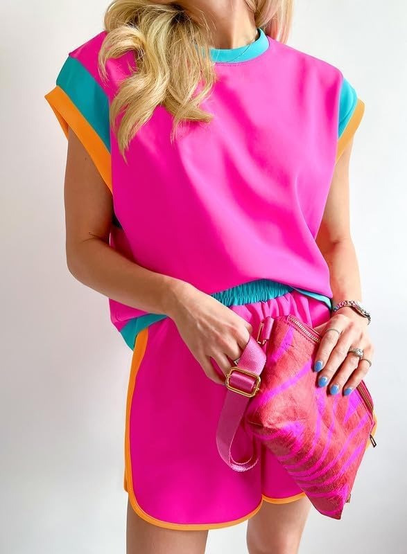 Women Color Block Workout Tracksuit 2 Piece Short Sets