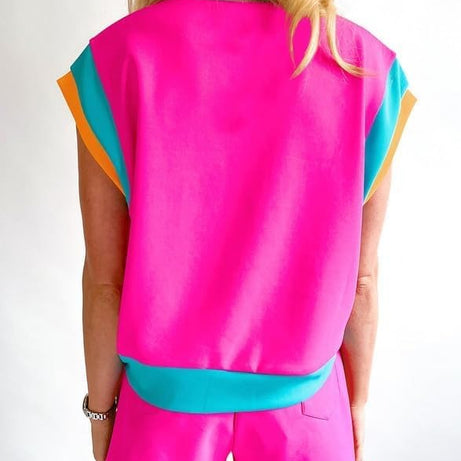 Women Color Block Workout Tracksuit 2 Piece Short Sets