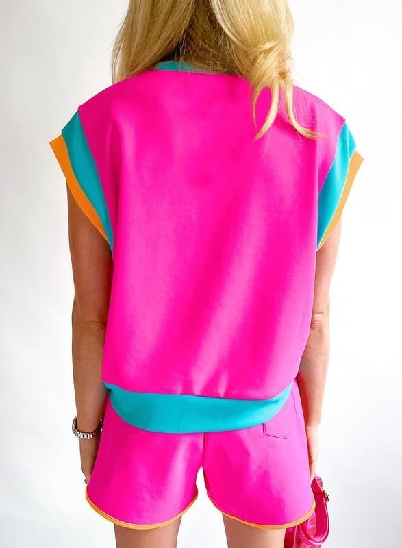 Women Color Block Workout Tracksuit 2 Piece Short Sets