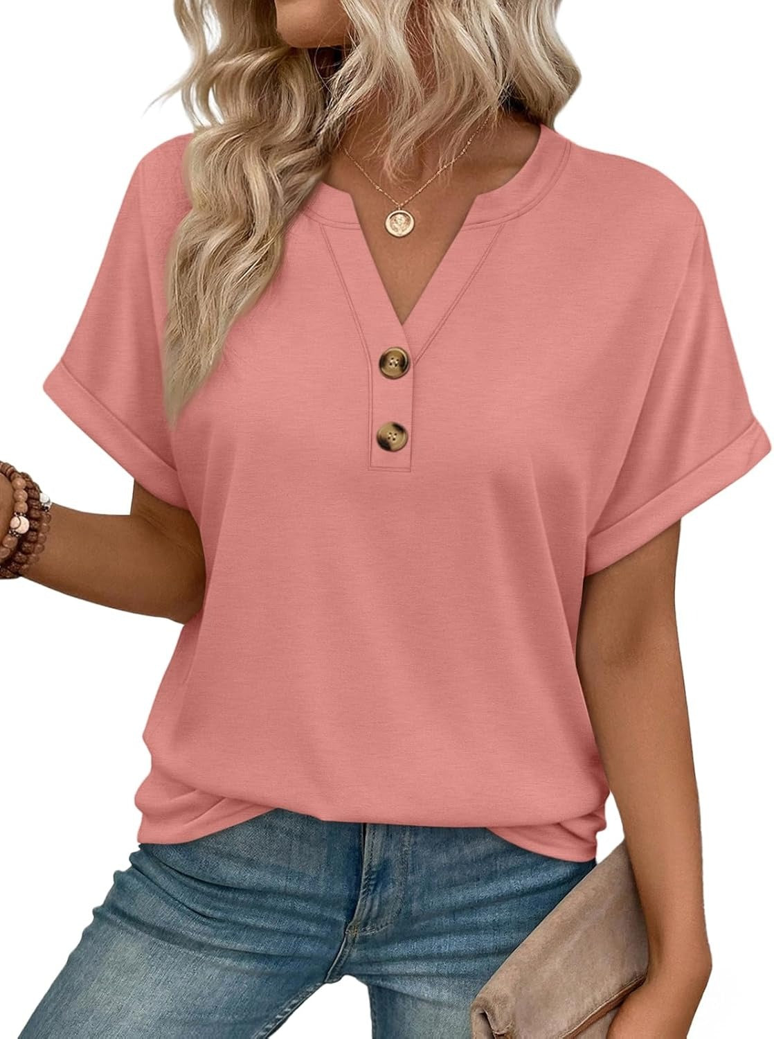 Women’s Spring Summer V Neck Henley Flowy Top