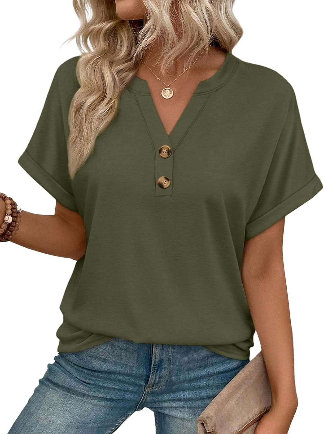 Women’s Spring Summer V Neck Henley Flowy Top