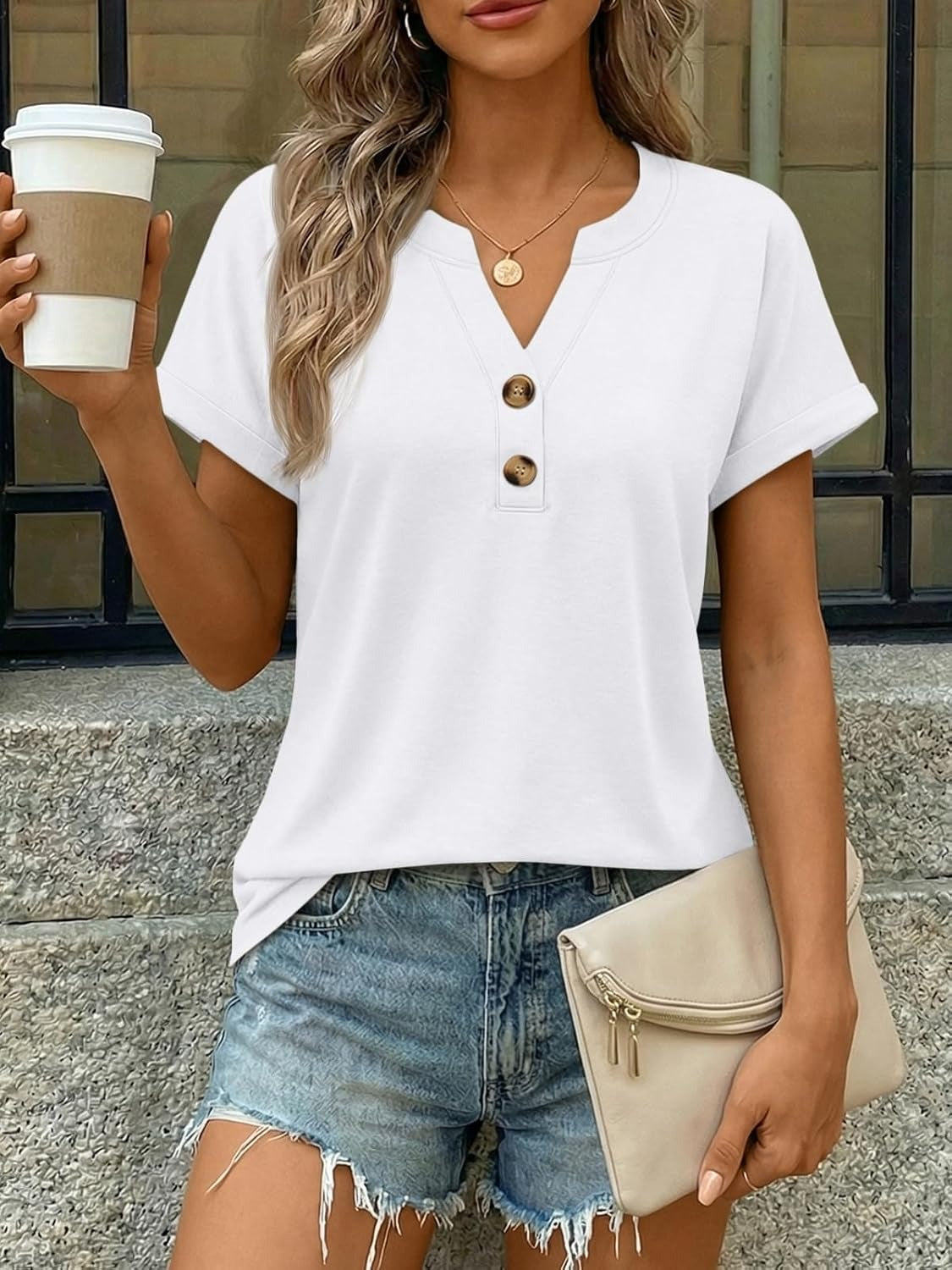 Women’s Spring Summer V Neck Henley Flowy Top