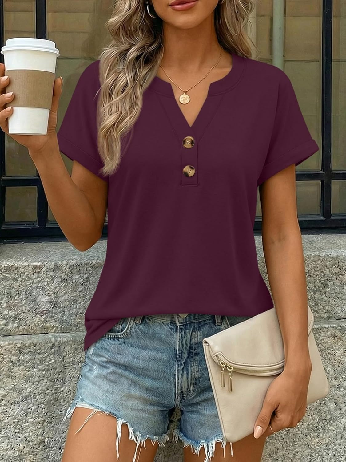 Women’s Spring Summer V Neck Henley Flowy Top