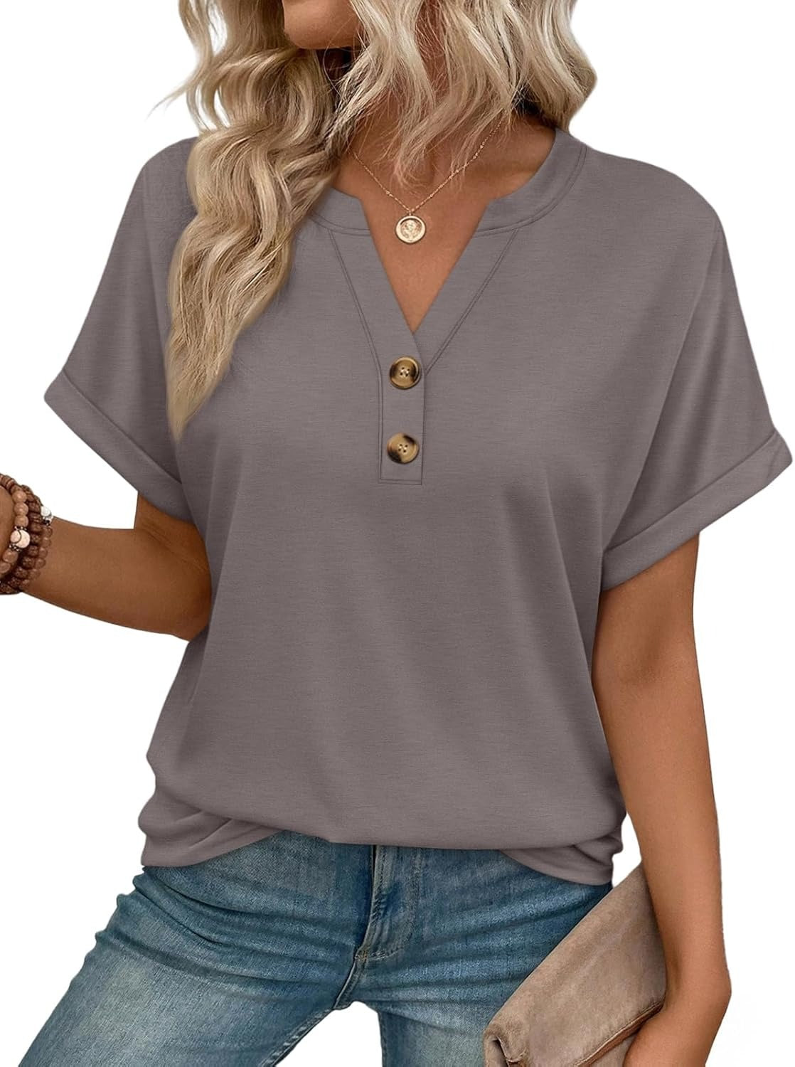 Women’s Spring Summer V Neck Henley Flowy Top