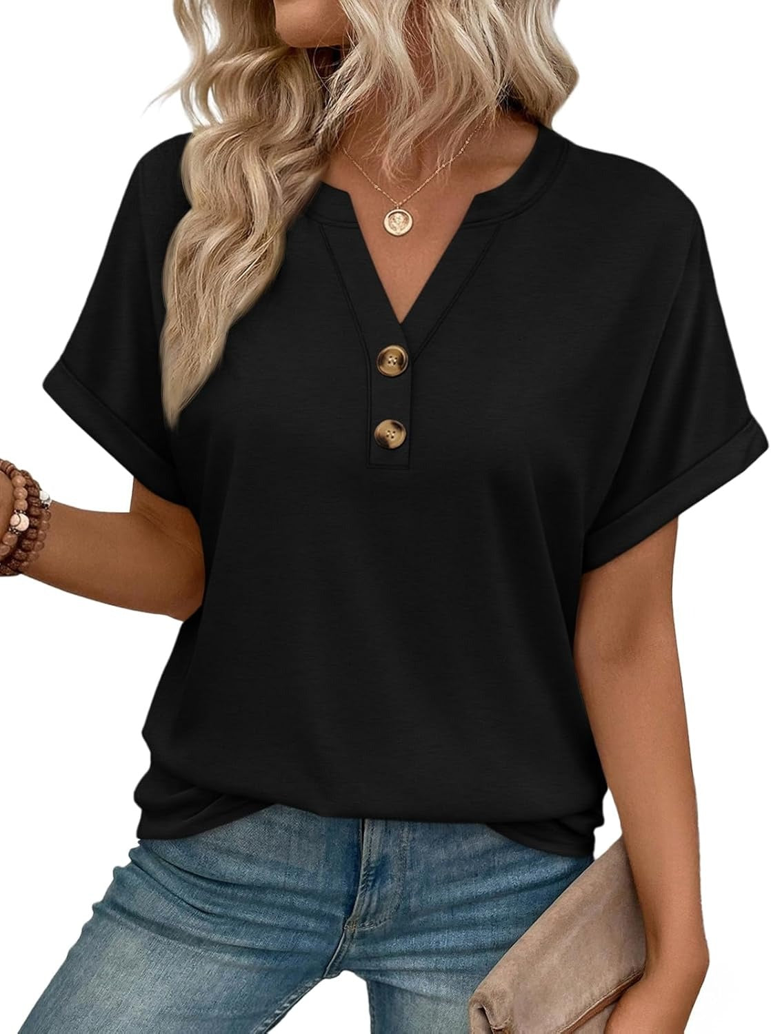 Women’s Spring Summer V Neck Henley Flowy Top