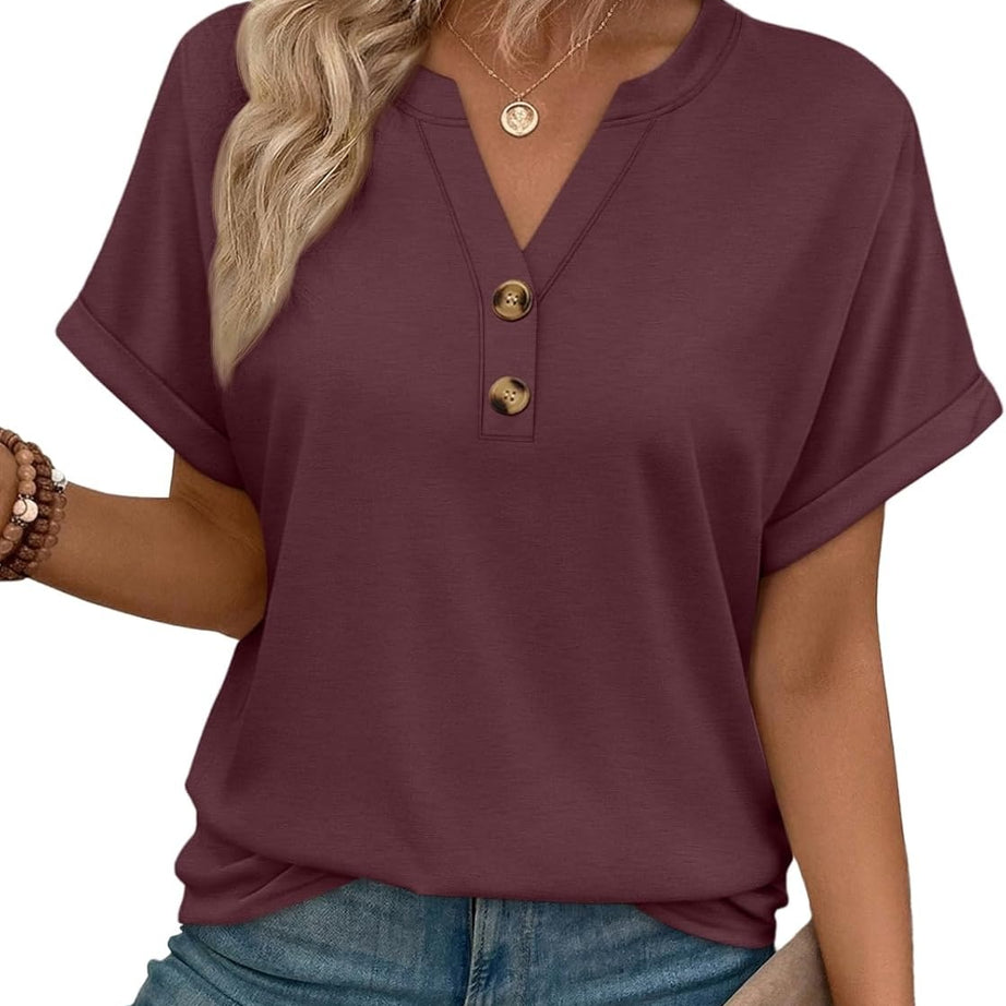 Women’s Spring Summer V Neck Henley Flowy Top