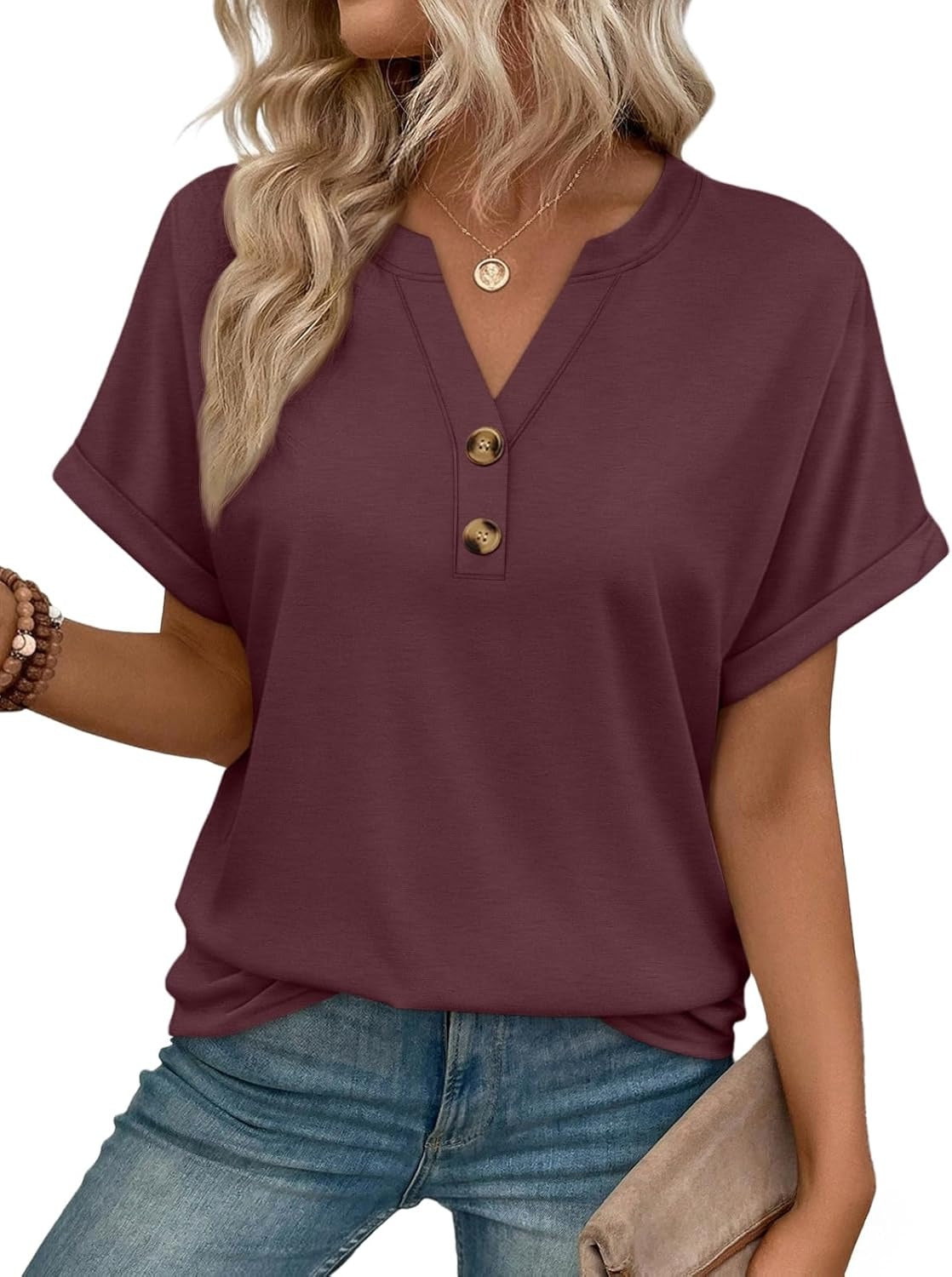 Women’s Spring Summer V Neck Henley Flowy Top