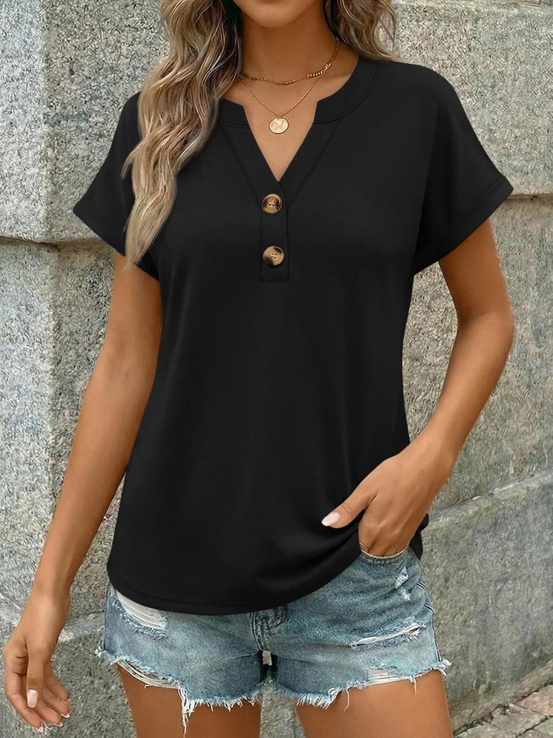 Women’s Spring Summer V Neck Henley Flowy Top