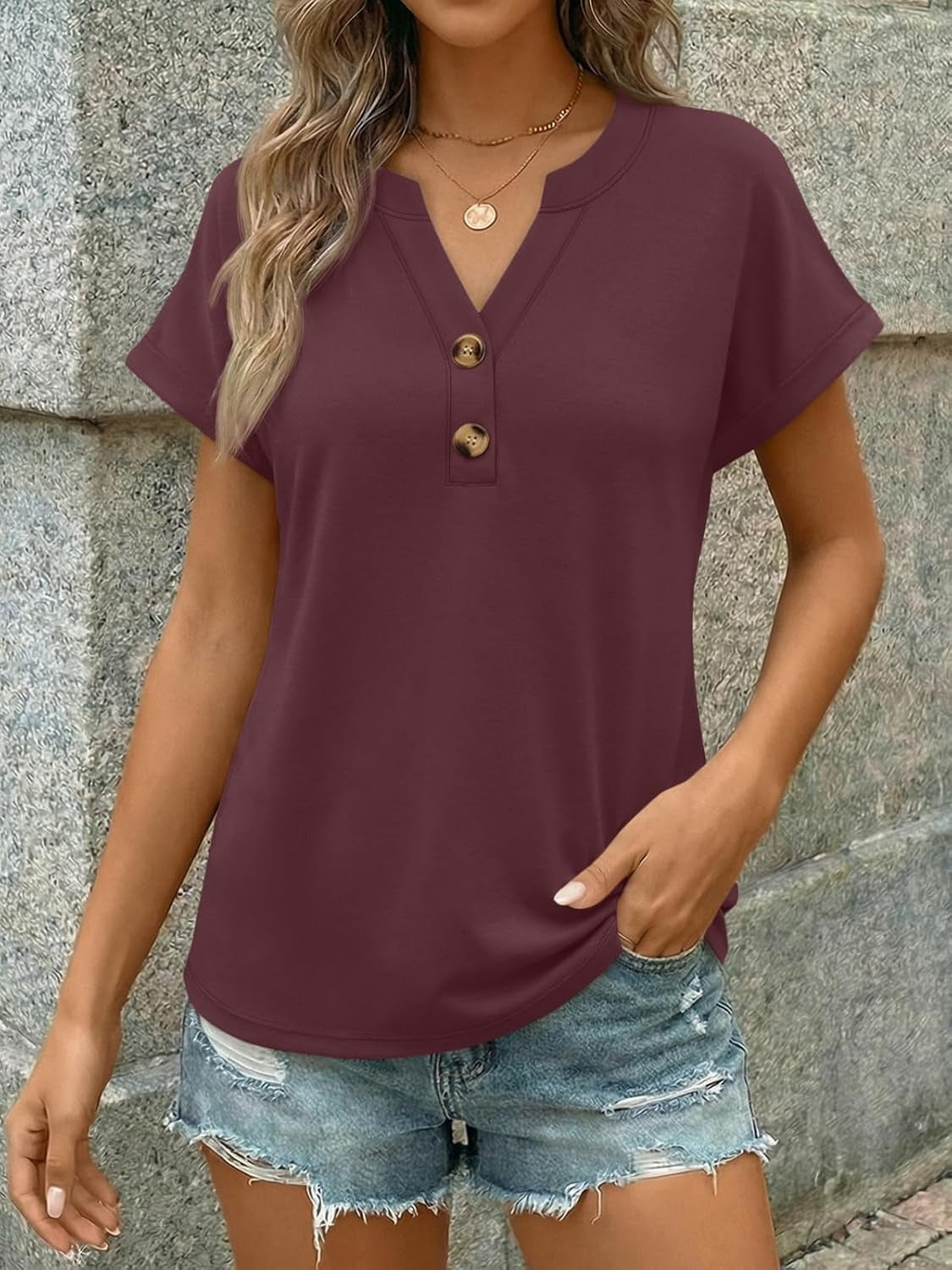 Women’s Spring Summer V Neck Henley Flowy Top