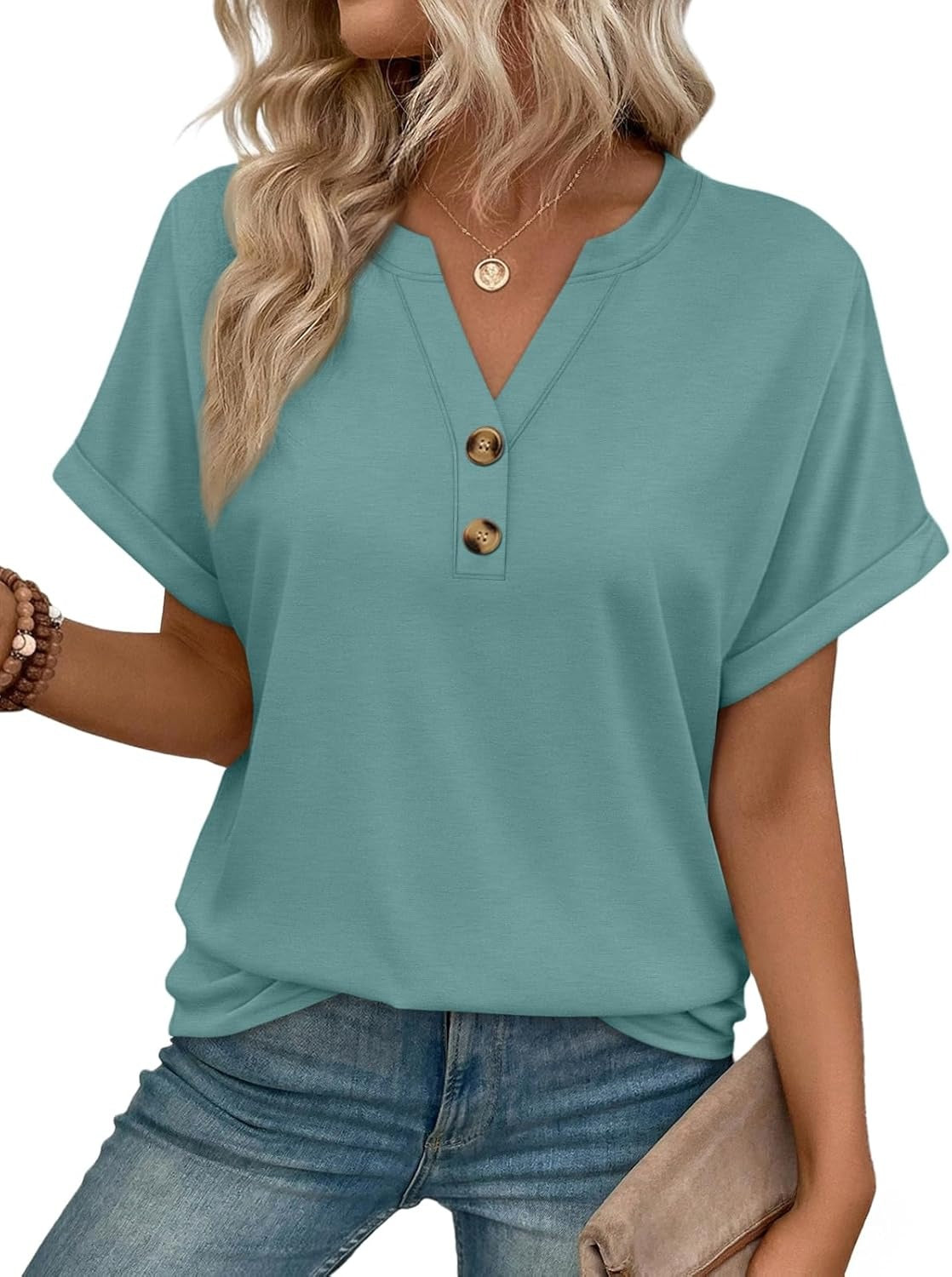 Women’s Spring Summer V Neck Henley Flowy Top