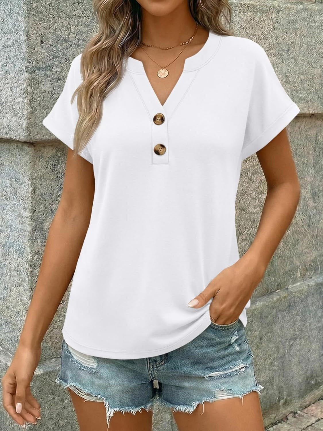 Women’s Spring Summer V Neck Henley Flowy Top