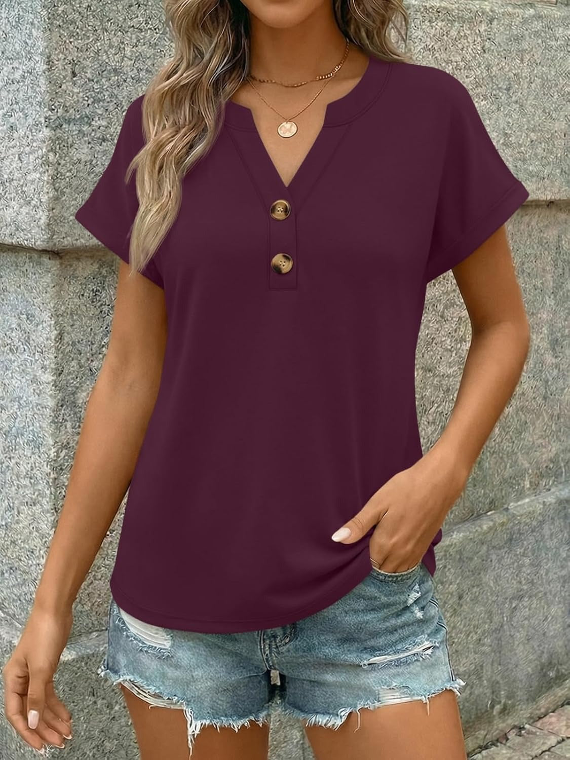Women’s Spring Summer V Neck Henley Flowy Top
