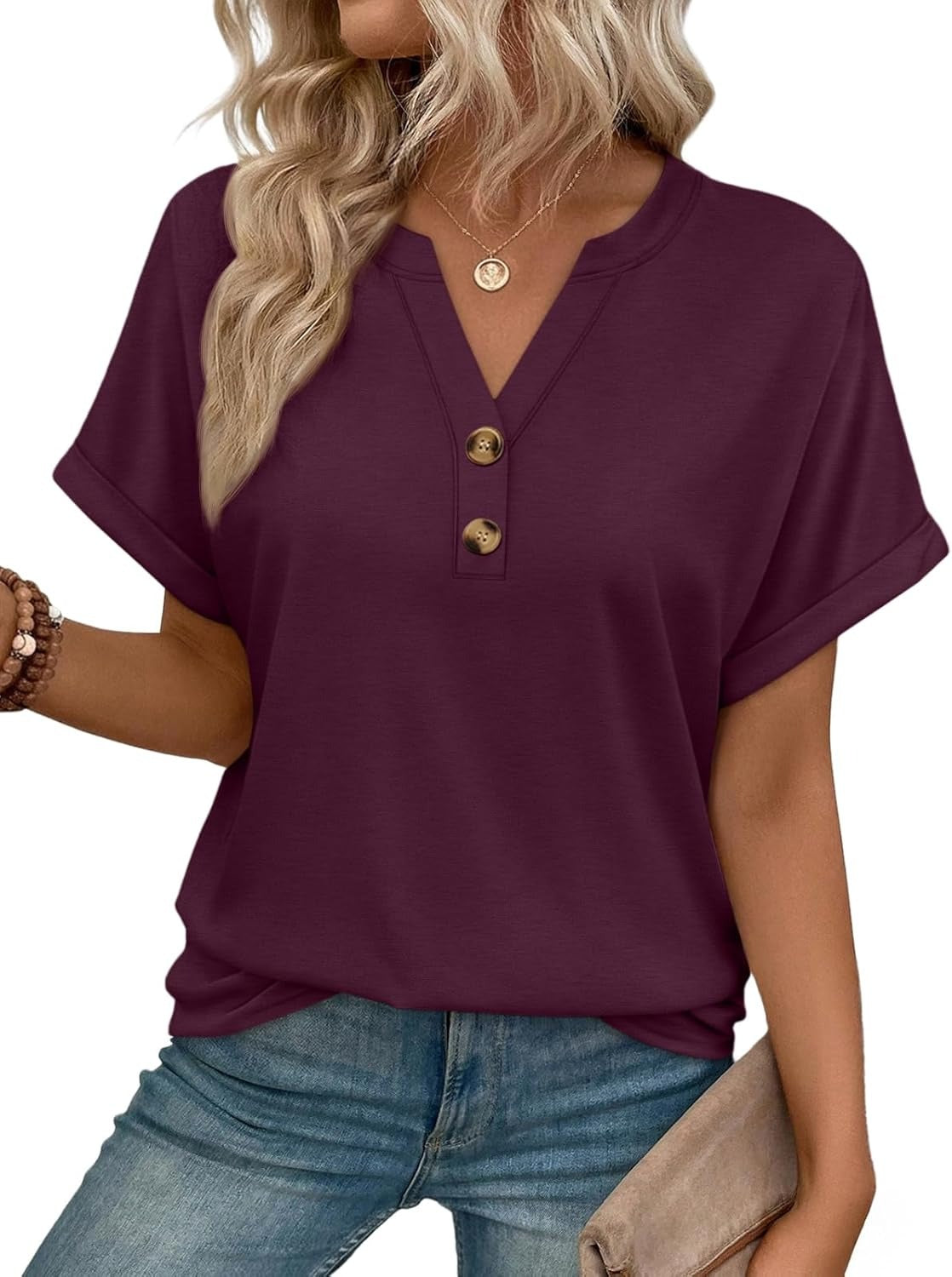 Women’s Spring Summer V Neck Henley Flowy Top