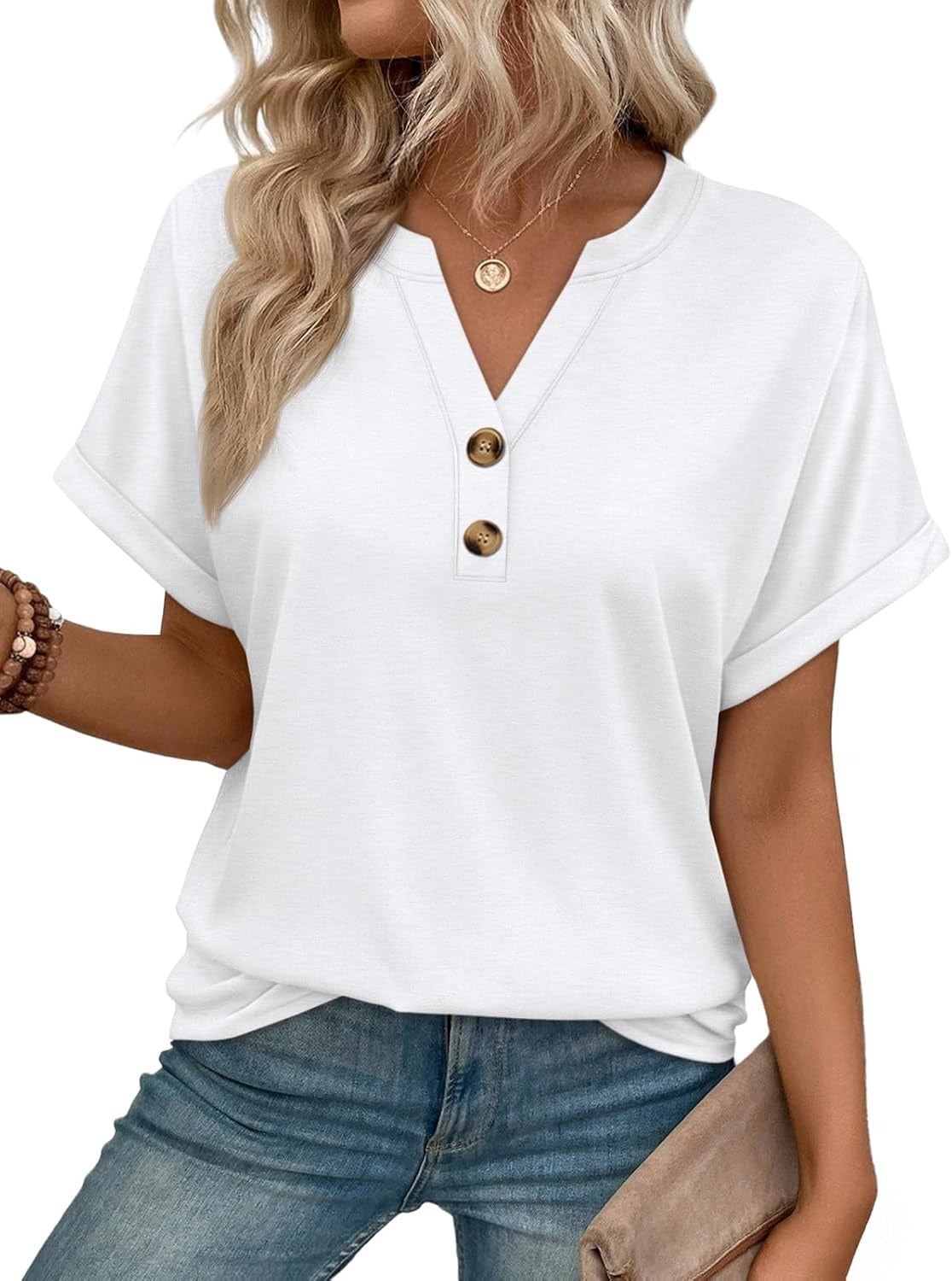 Women’s Spring Summer V Neck Henley Flowy Top