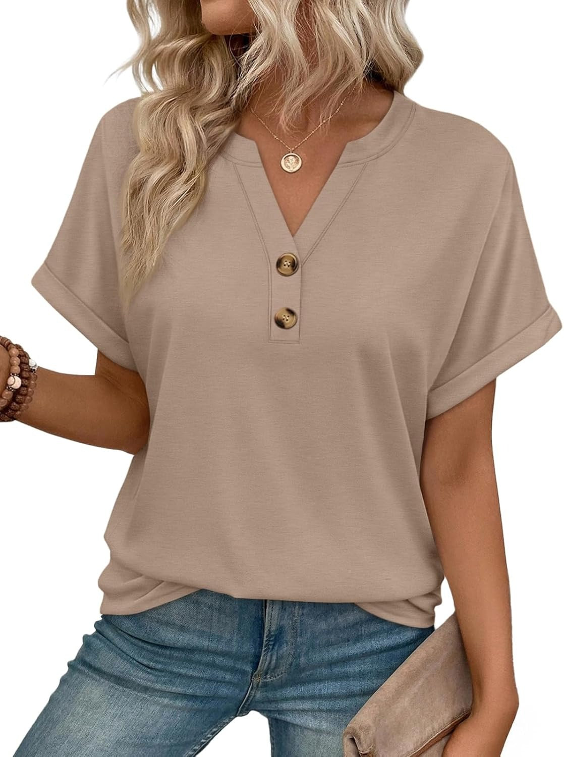 Women’s Spring Summer V Neck Henley Flowy Top