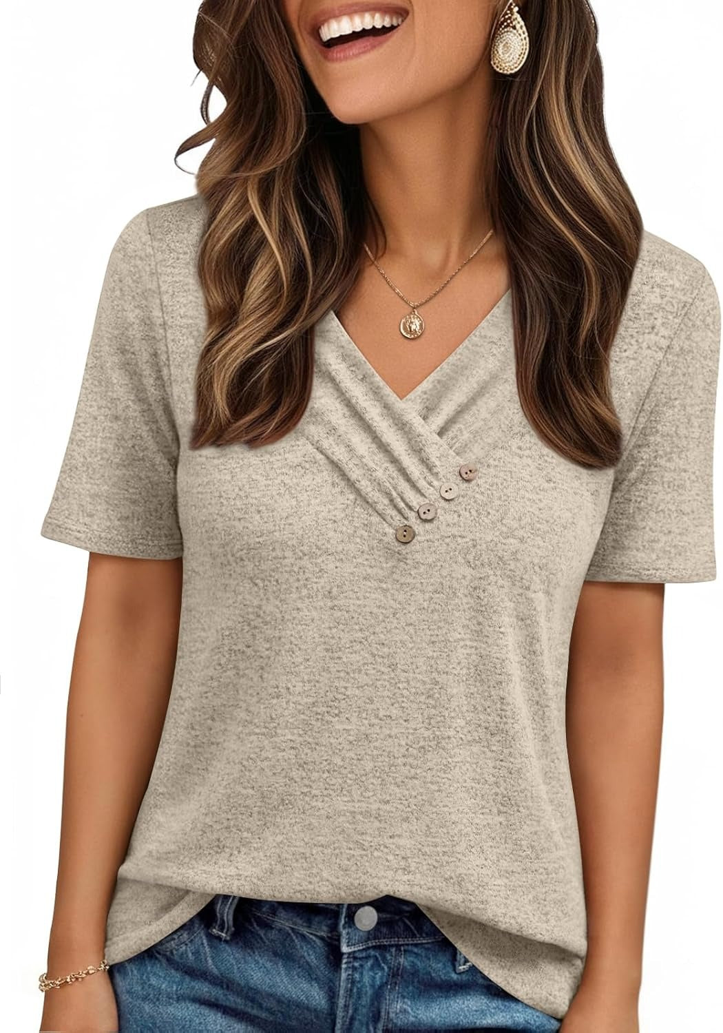 Women's Business Casual V Neck Blouse with Buttons