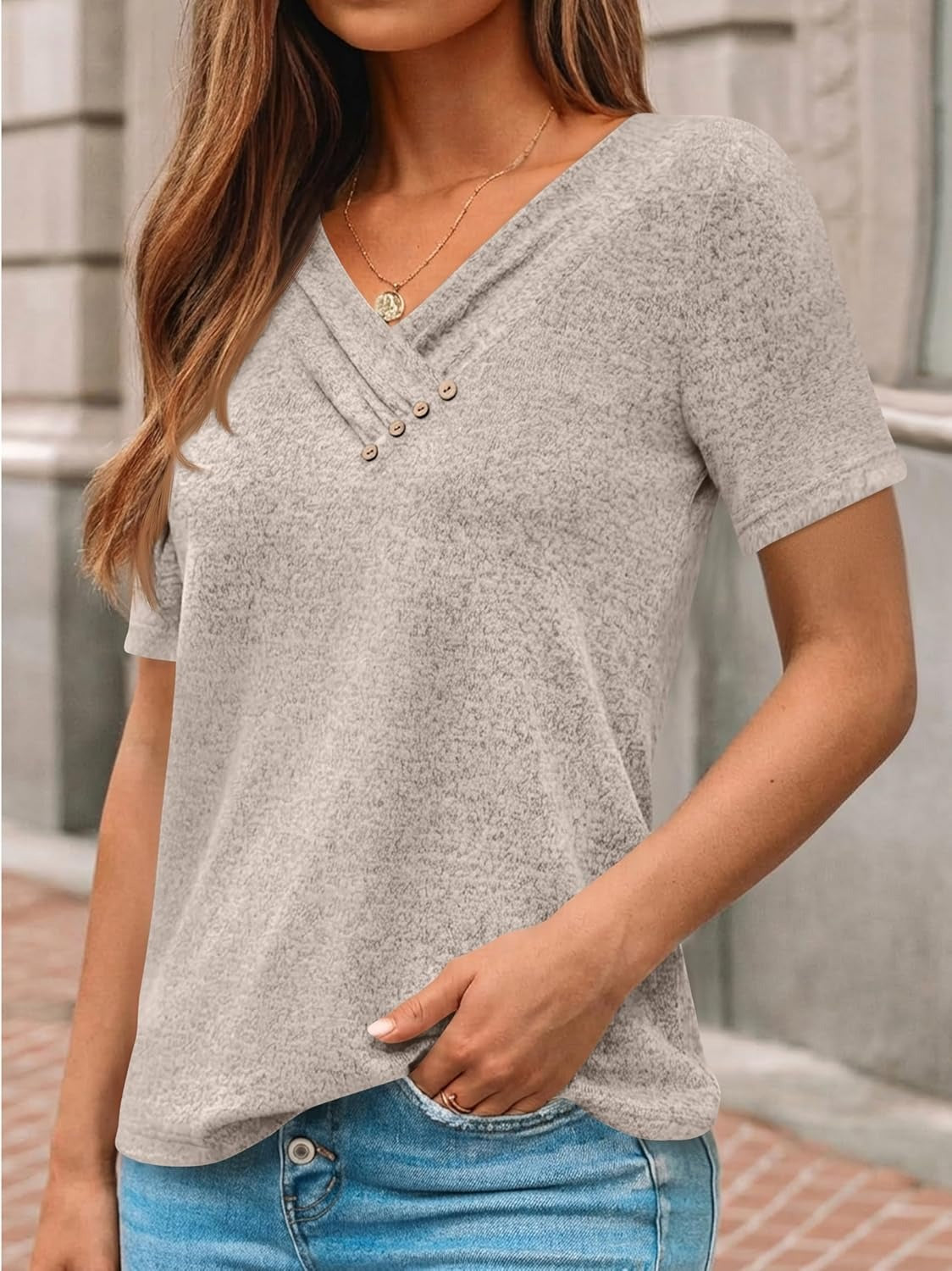 Women's Business Casual V Neck Blouse with Buttons