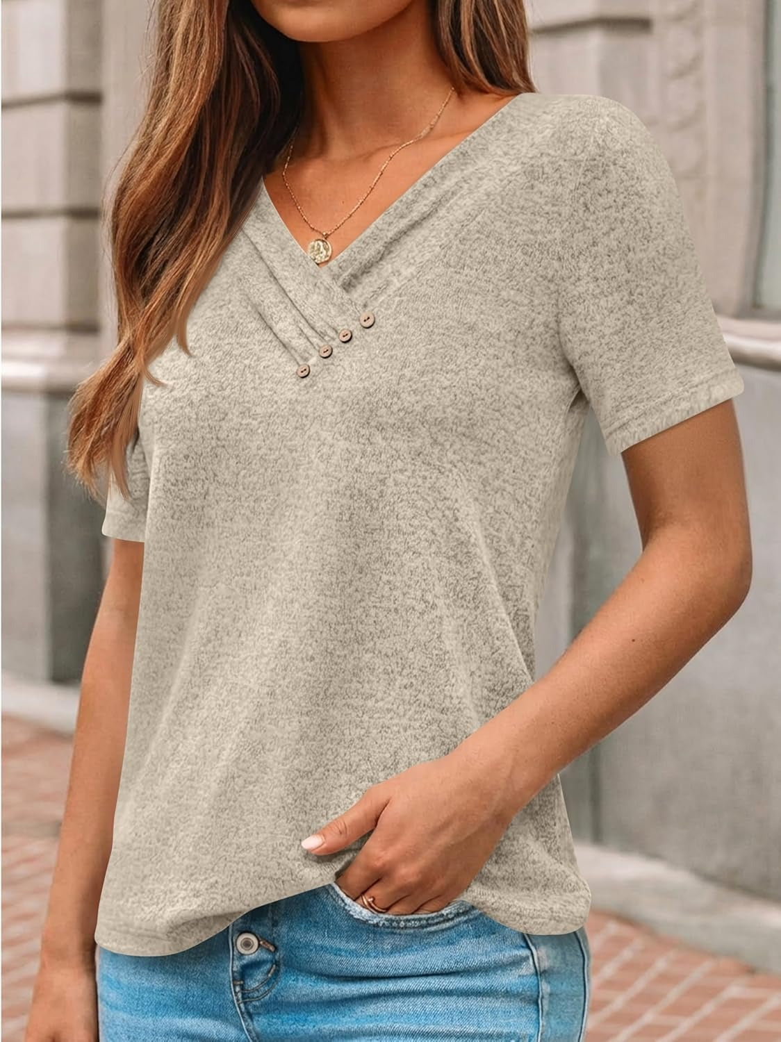 Women's Business Casual V Neck Blouse with Buttons