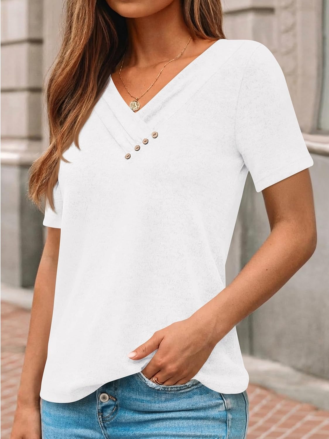 Women's Business Casual V Neck Blouse with Buttons