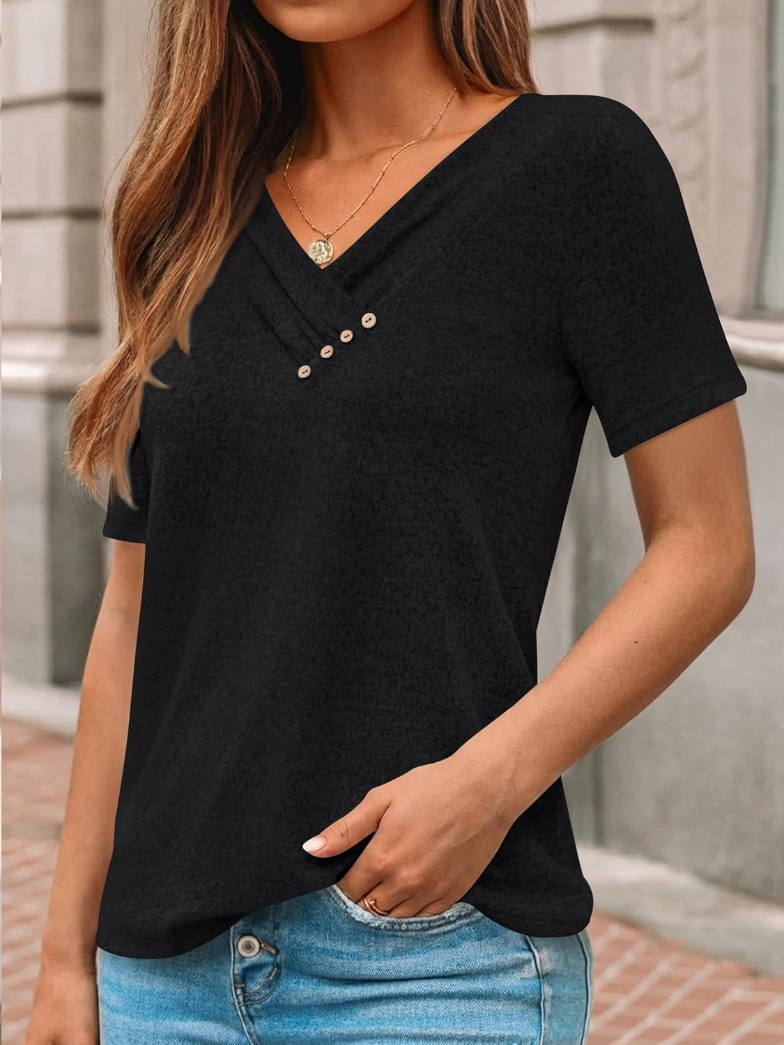 Women's Business Casual V Neck Blouse with Buttons