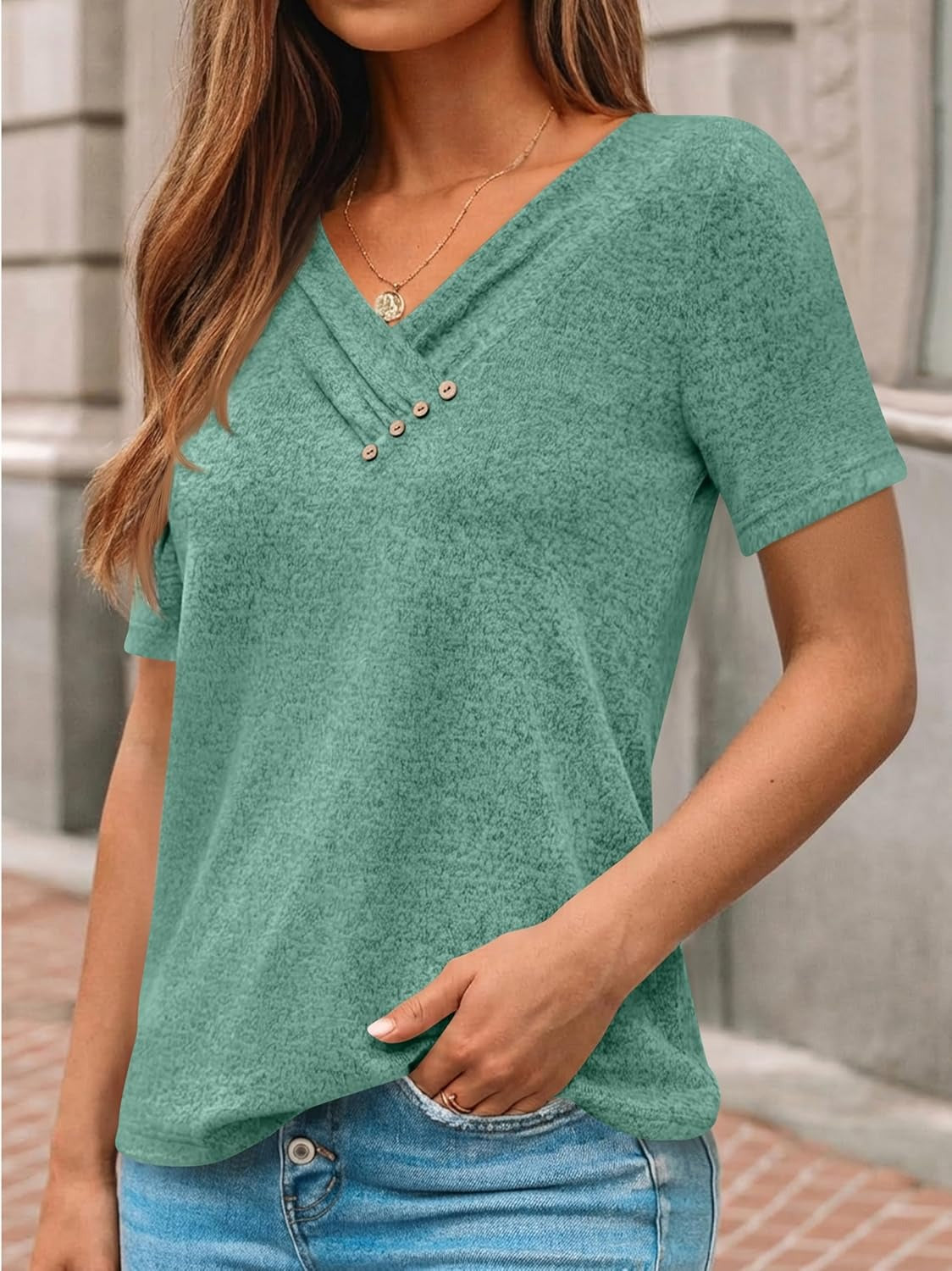 Women's Business Casual V Neck Blouse with Buttons