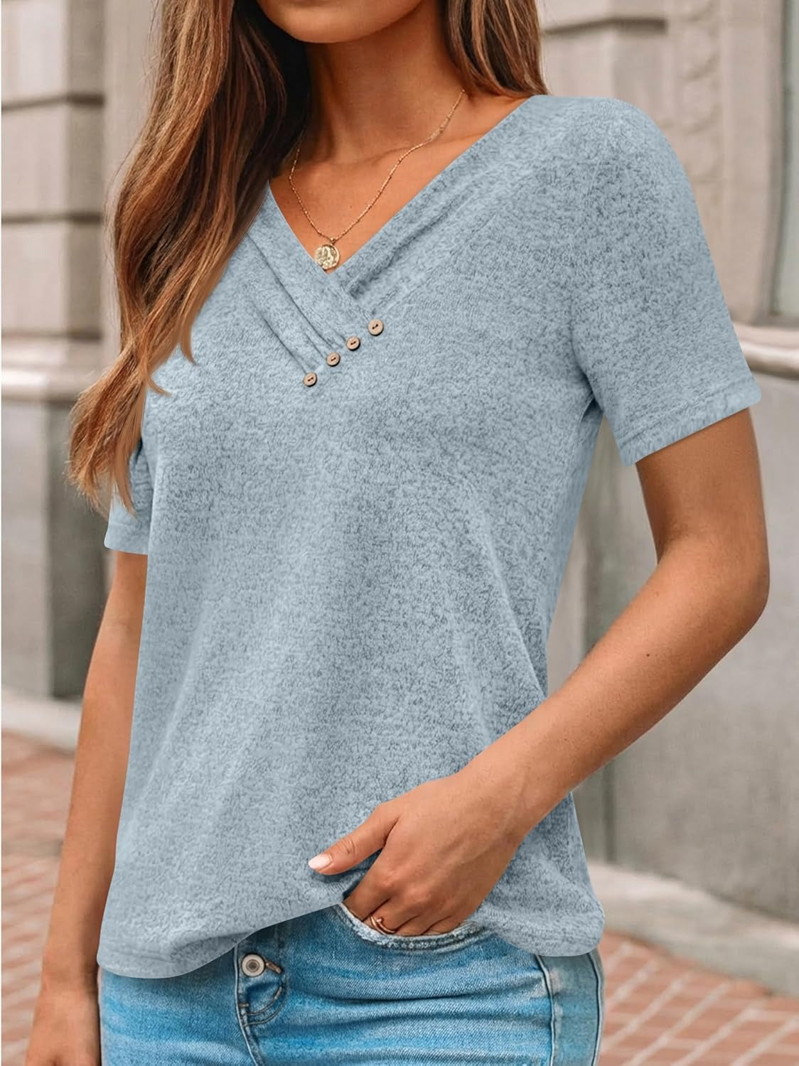 Women's Business Casual V Neck Blouse with Buttons