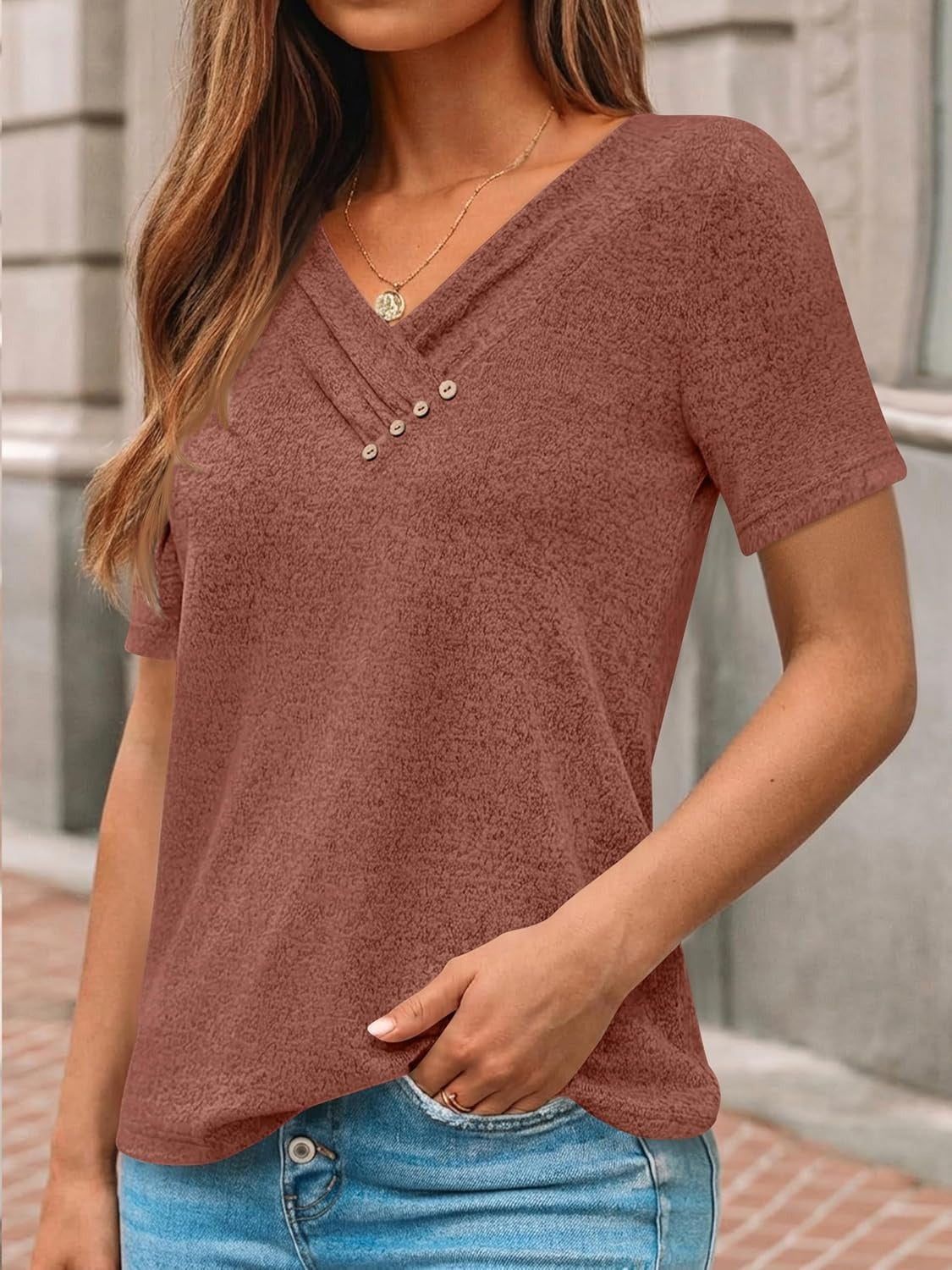 Women's Business Casual V Neck Blouse with Buttons