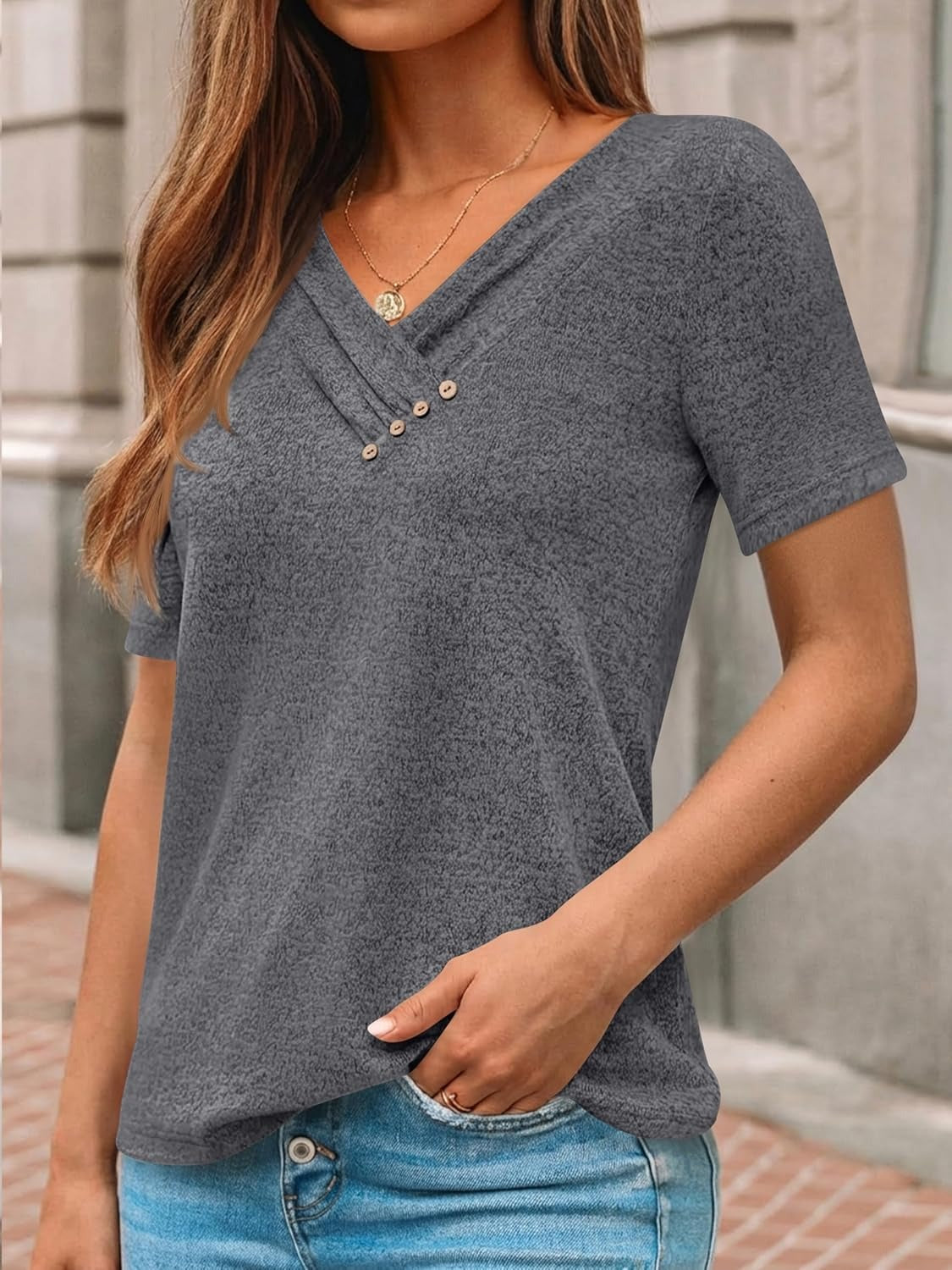 Women's Business Casual V Neck Blouse with Buttons
