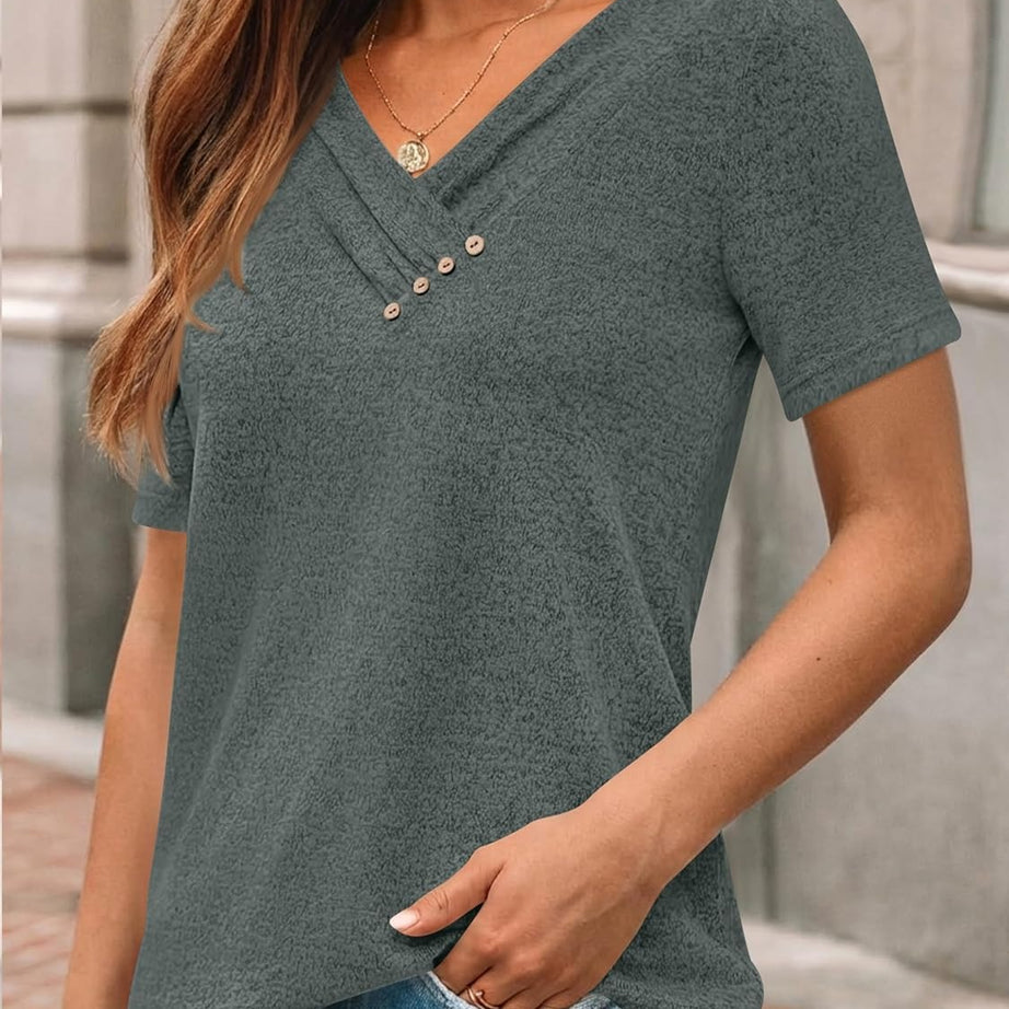 Women's Business Casual V Neck Blouse with Buttons