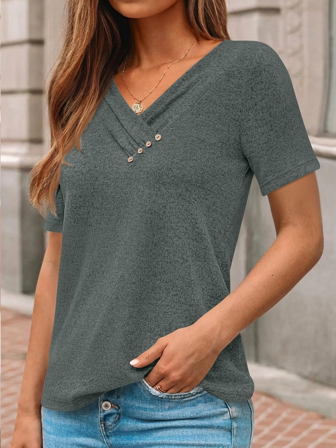Women's Business Casual V Neck Blouse with Buttons
