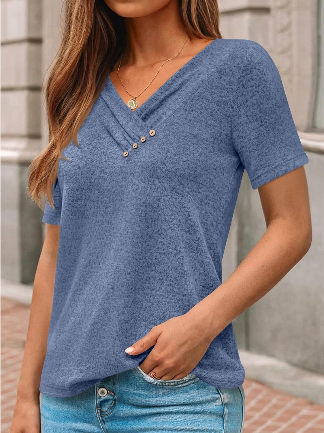 Women's Business Casual V Neck Blouse with Buttons