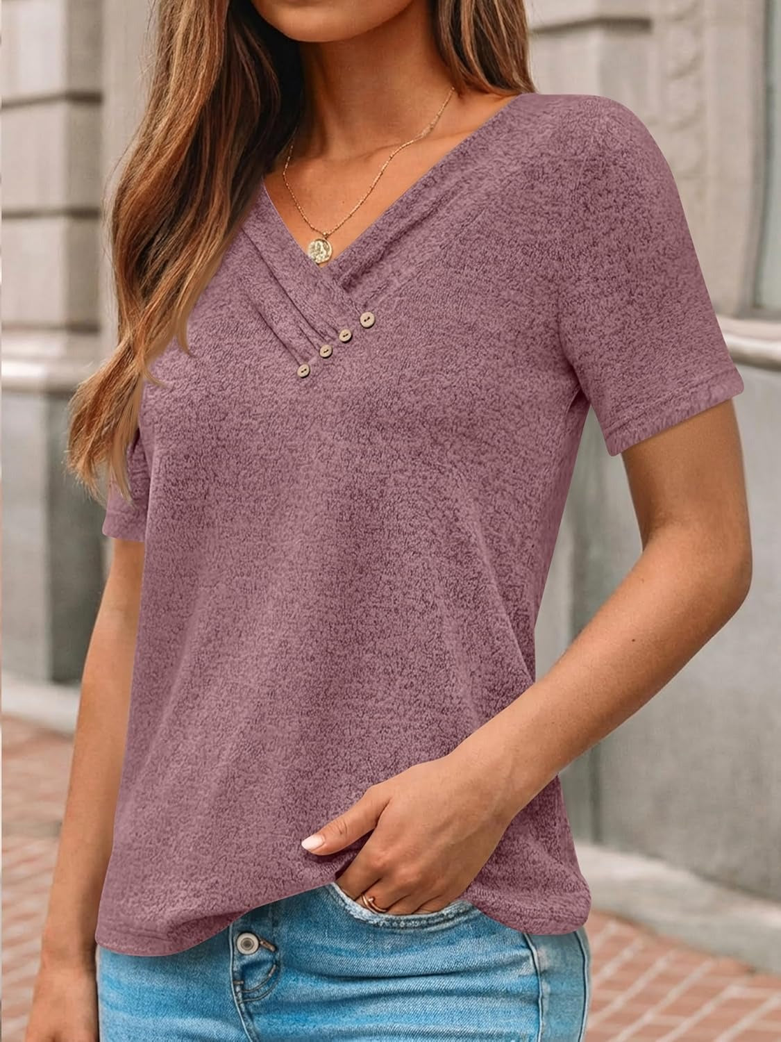 Women's Business Casual V Neck Blouse with Buttons