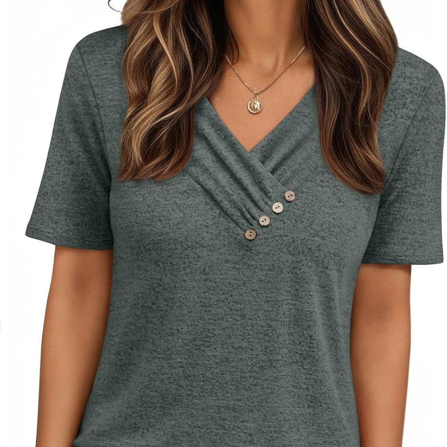Women's Business Casual V Neck Blouse with Buttons